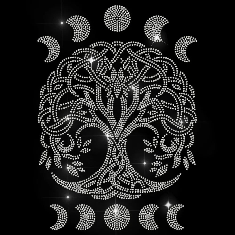 Tree of Life Rhinestone Iron-On Applique | Moon Phase Design