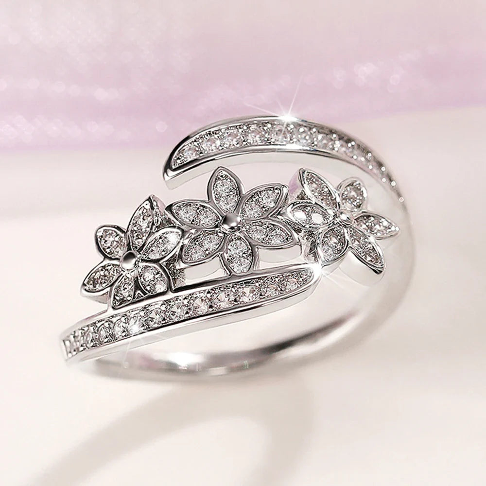 Huitan Silver Flower Adjustable Ring | Cubic Zirconia Bridal