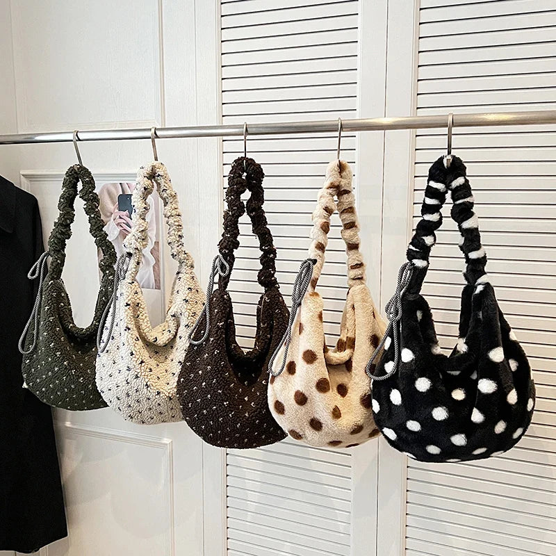 Korean Faux Fur Polka Dot Crossbody Tote Bag for Women