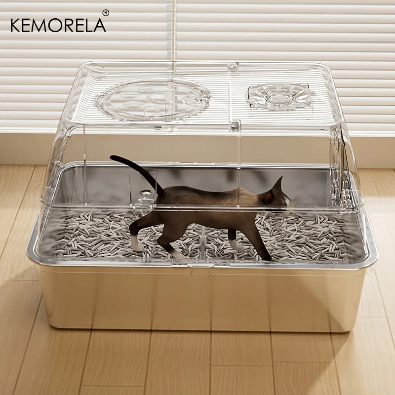 KEMORELA XL Stainless Steel Cat Litter Box – High-Sided + Scoop