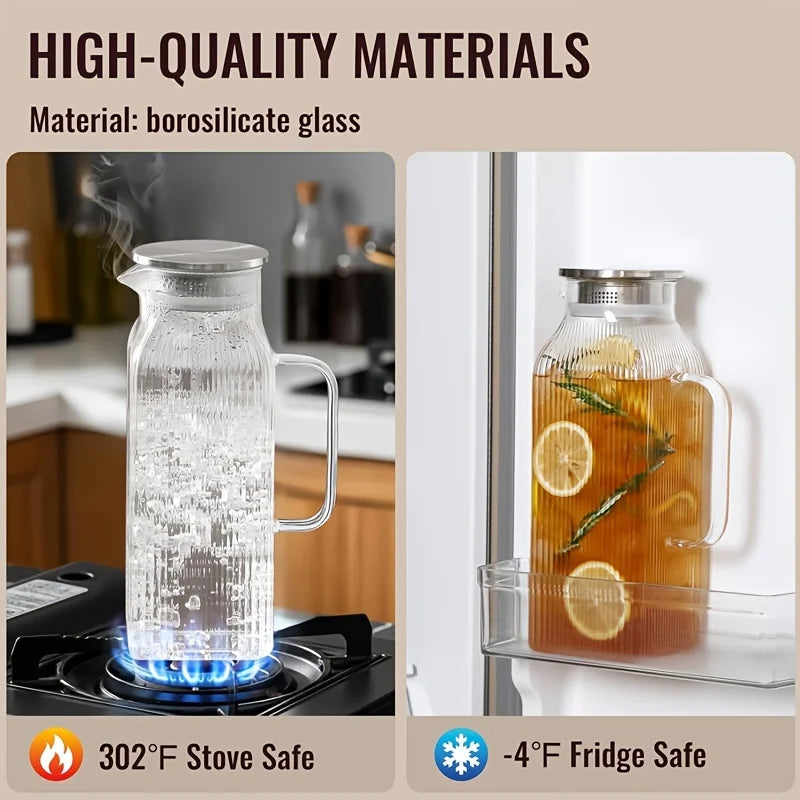 KEMORELA 2L Glass Kettle – Stripe Design, Lid & Cleaning Brush