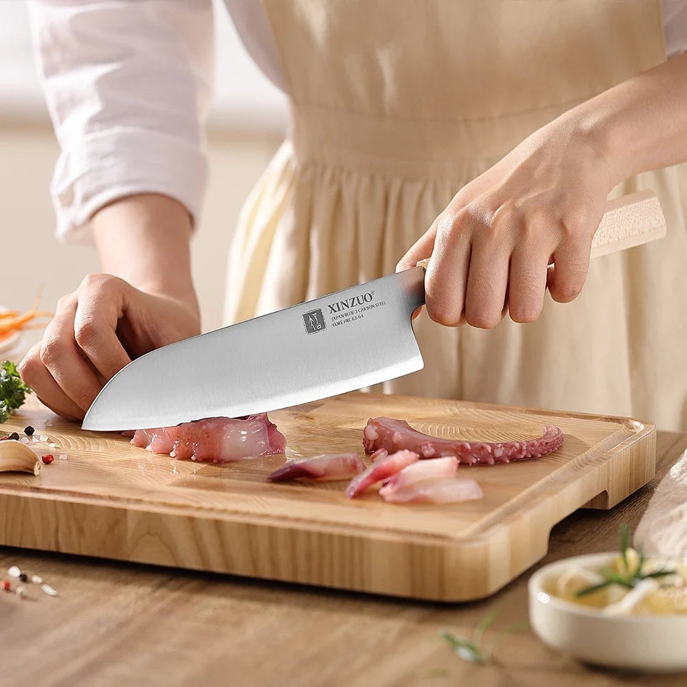 XINZUO Santoku Knife 7.24" Aogami No.2 Steel | Maple Horn Handle
