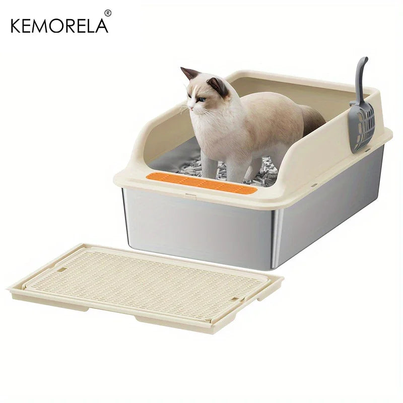 KEMORELA XL Stainless Steel Cat Litter Box with Anti-Splash Mat