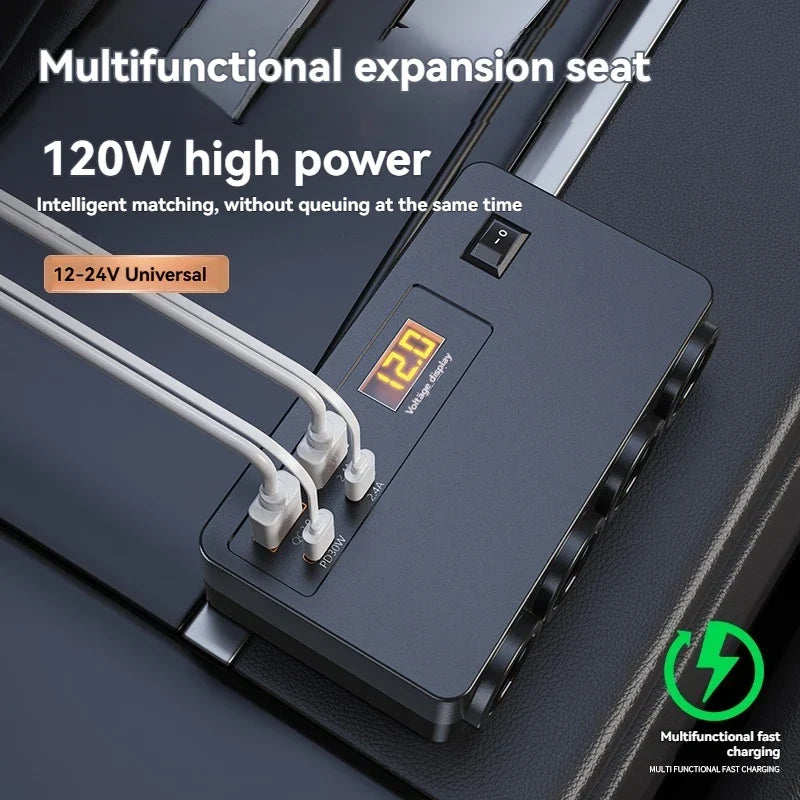 4-Port QC3.0 PD Car Charger 120W Fast Charging Adapter 12–24V