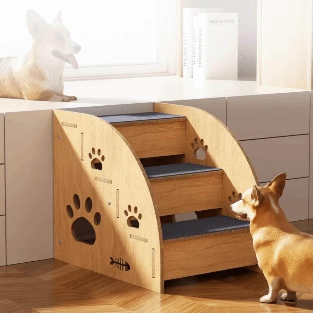 Non-Slip Wooden Dog Stairs with Safety Railing | Pet Steps