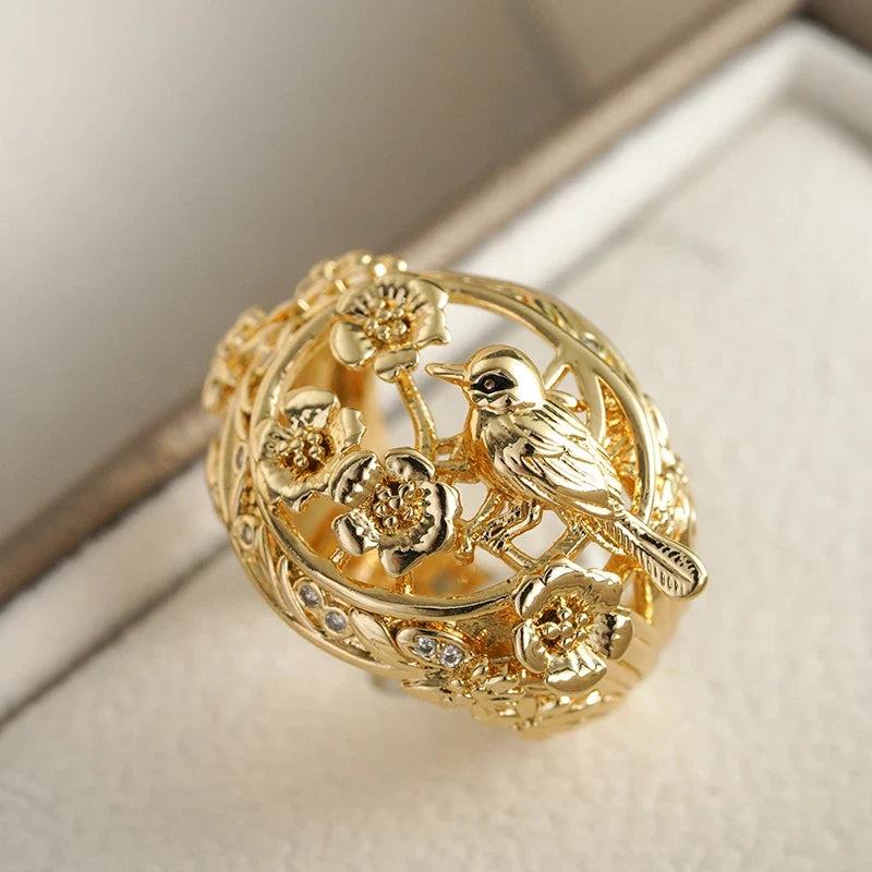 Huitan Gold Hollow Flower Bird Ring – Women's Fashion Jewelry