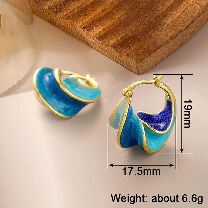 Huitan Wave Enamel Hoop Earrings – Red & Blue Fashion Jewelry
