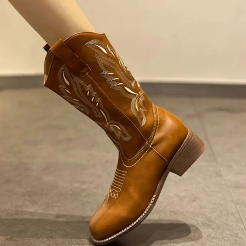 Women's Mid-Calf Embroidered Boots – Square Toe Block Heel