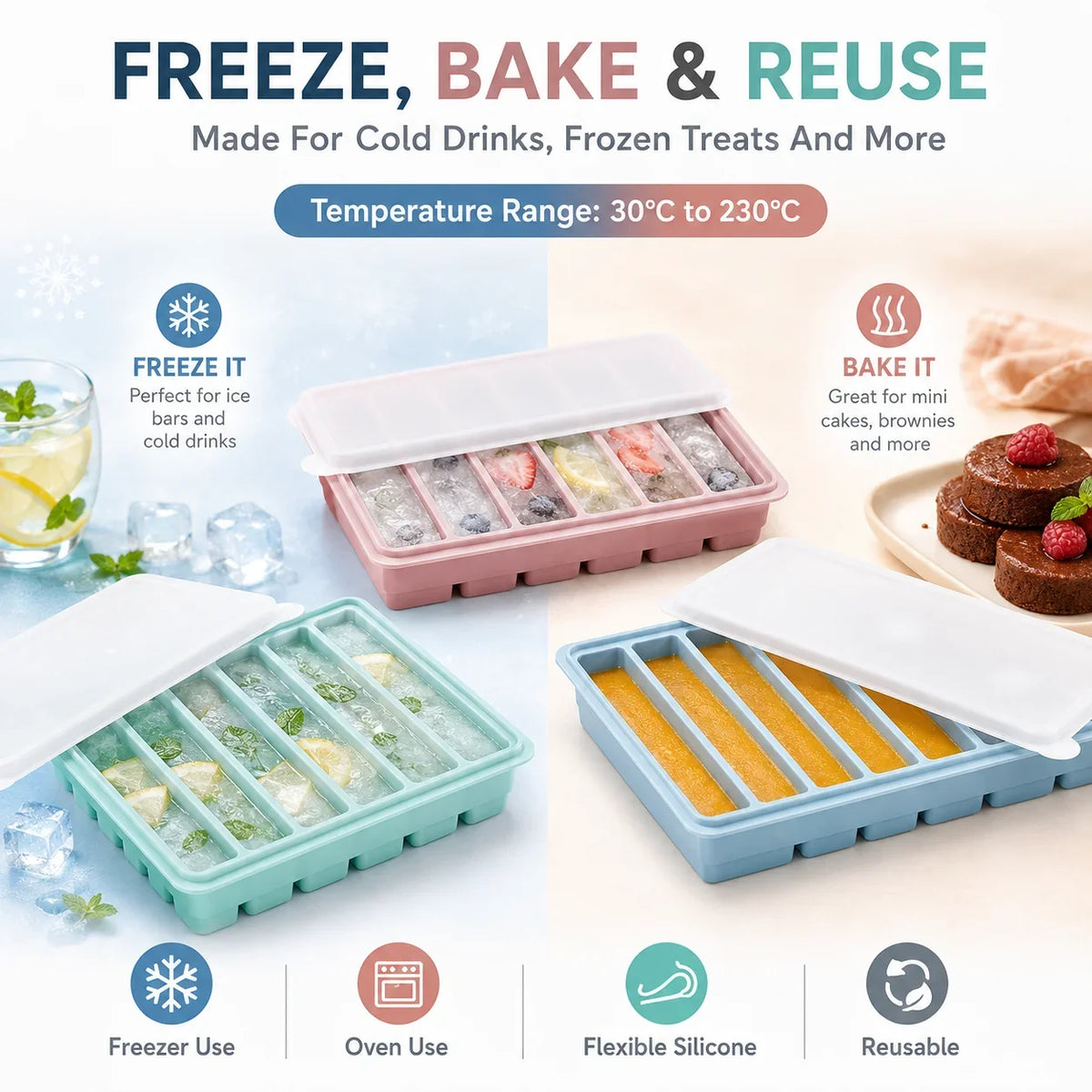 3-Piece Silicone Long Ice Cube Tray Set with Lids | Ice Stick Maker