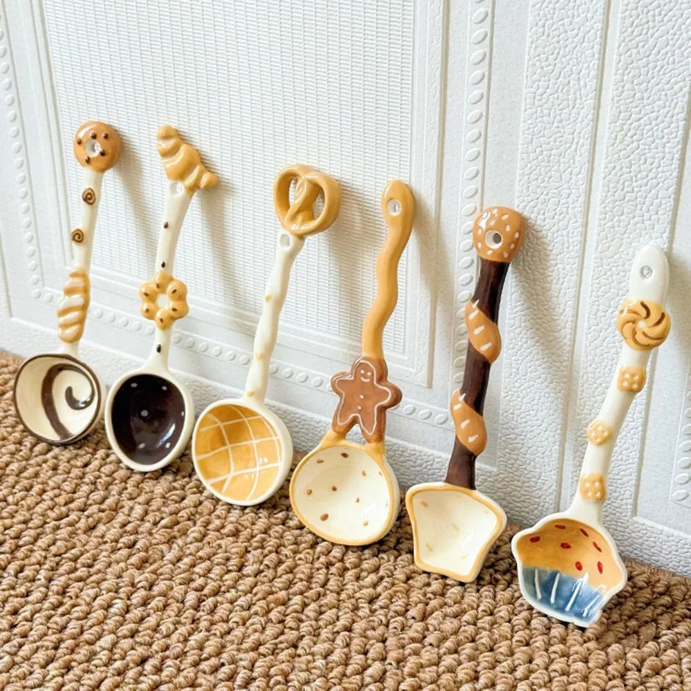 Ceramic Long Handle Spoon – Cute Baked Goods Underglaze Design