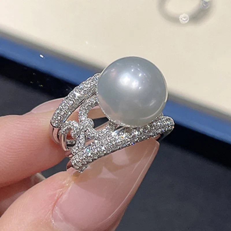 Huitan Simulated Pearl & CZ Wedding Band Ring for Women