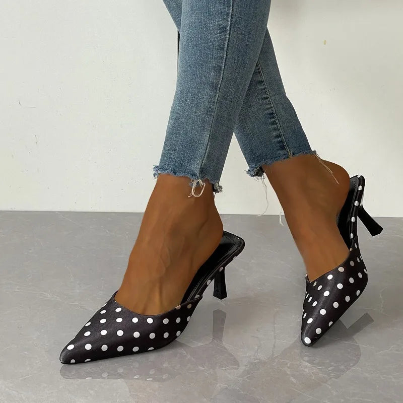 Women's Polka Dot High Heel Mules – Slip-On Dress Pumps