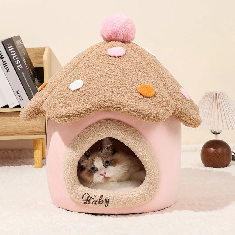 Mushroom House Cat Bed Pet Dog Shelter Winter Closed Warm Detachable