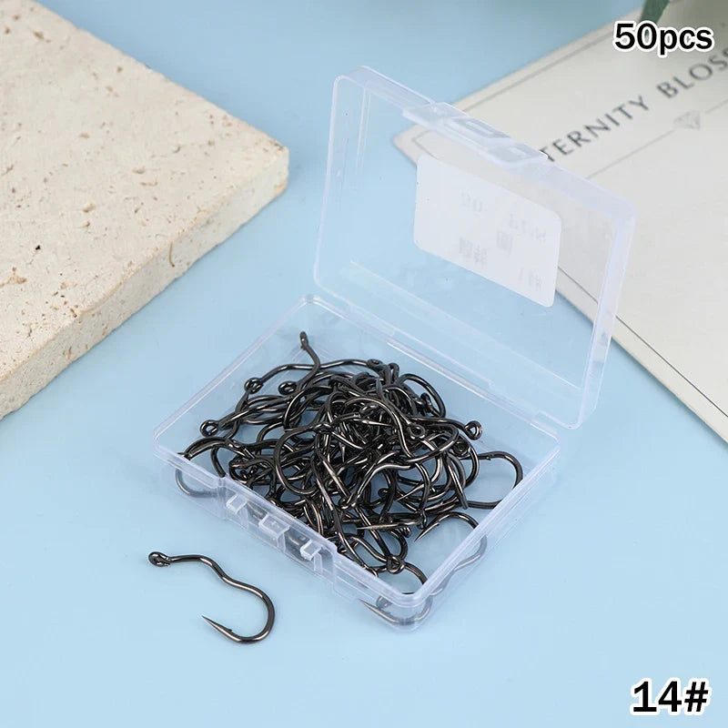 50-Pack Crank Fishing Hooks – High Carbon Steel, Sizes 5#–14#