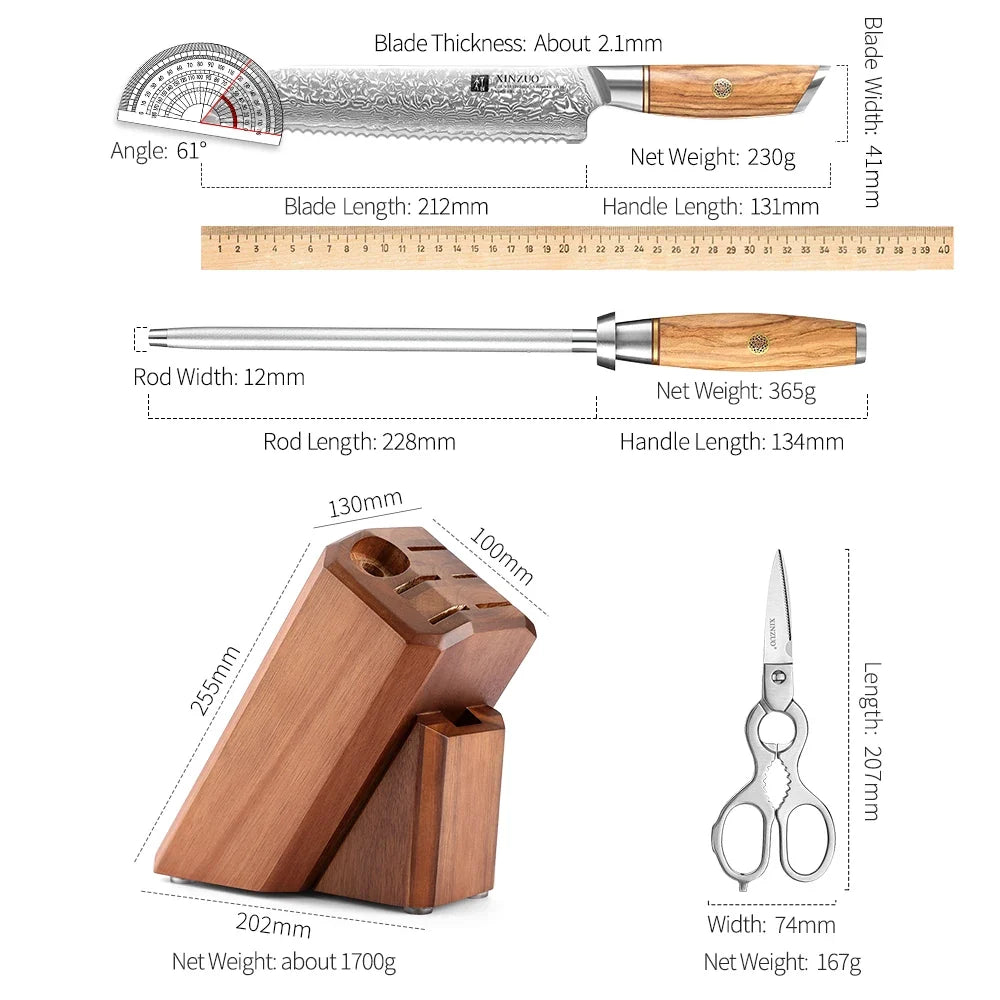 XINZUO 8-Pc Damascus Steel Knife Set – Olive Wood Handles