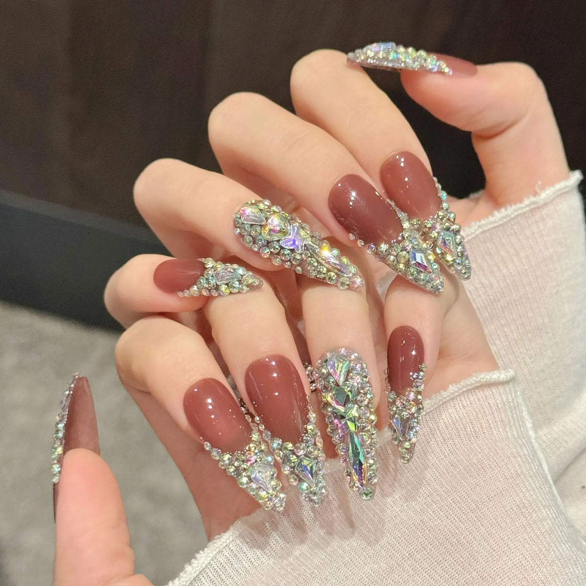 10pcs Rhinestone Press On Nails – Long Stiletto French False Nails