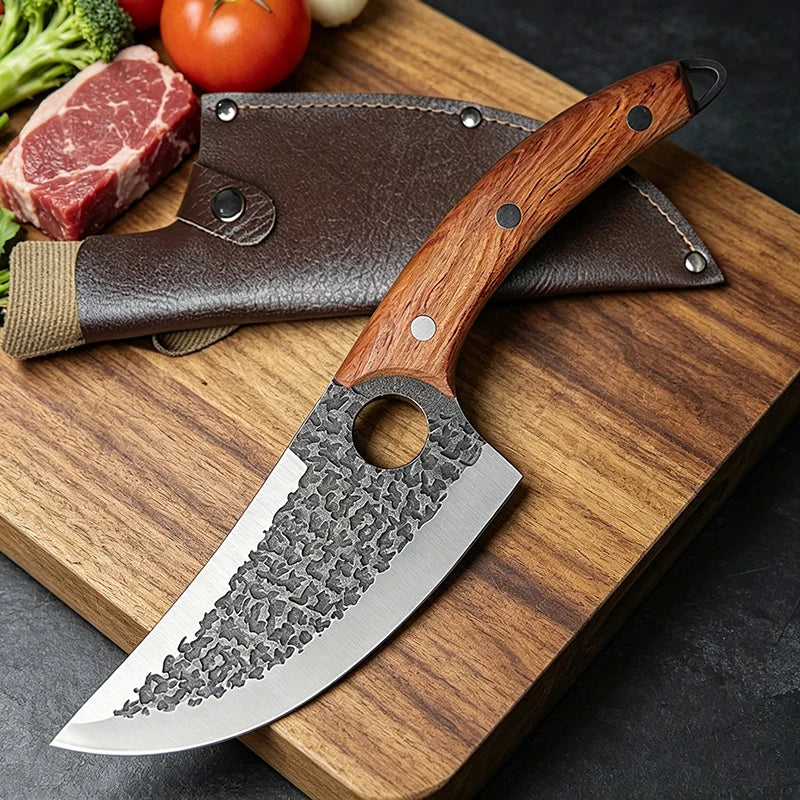 7-Inch Hand Forged Butcher Knife – Full Tang Wood Handle & Sheath