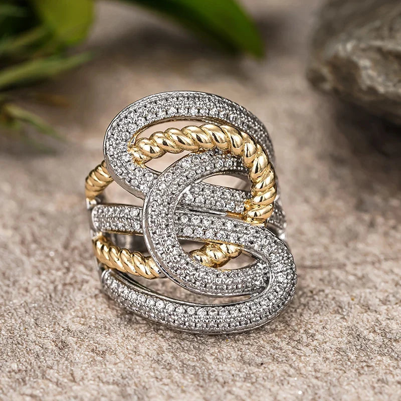 Huitan Two-Tone CZ Cross Ring – Wide Band Women's Jewelry