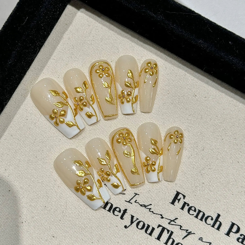 Gold Flower French Press-On Nails | Long Coffin False Nail Set