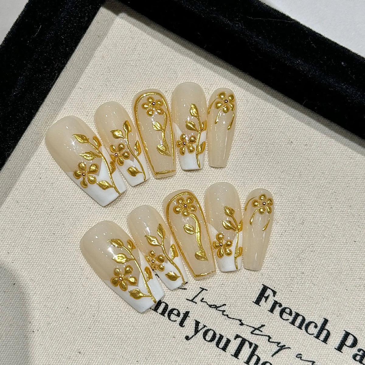 Gold Flower French Press-On Nails | Long Coffin False Nail Set