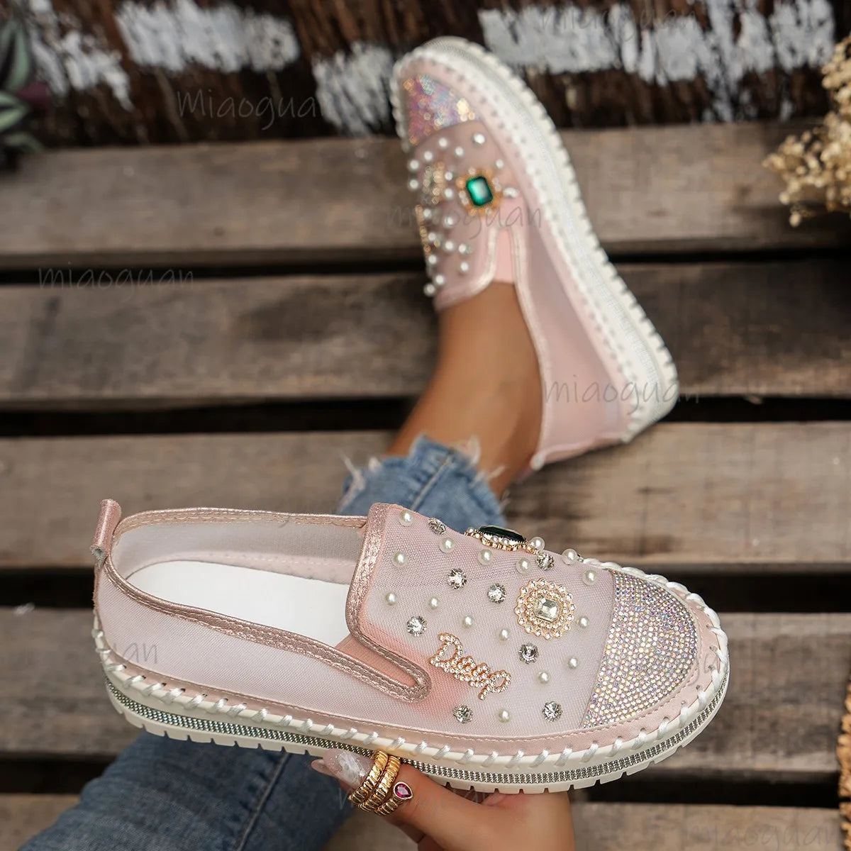 Women's Pearl Rhinestone Flat Loafers – Slip-On Summer Shoes
