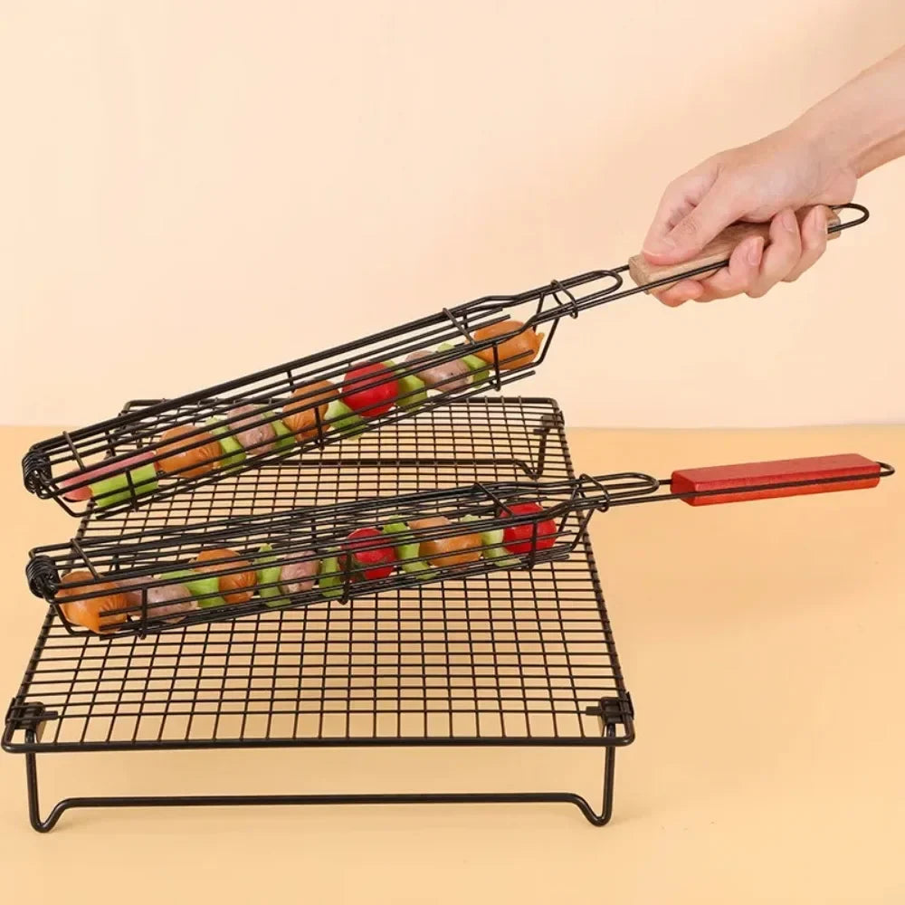 Barbecue Grill Stainless Steel Non-stick Basket Handle BBQ Roast Rack