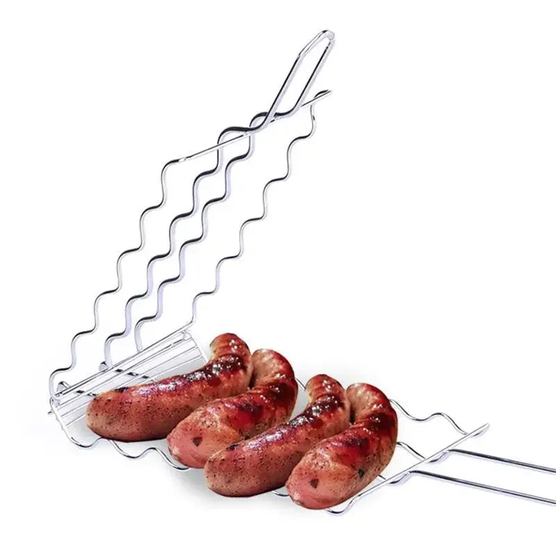 Hot Dog Grill Basket – 6-Sausage BBQ Rack with Wooden Handle