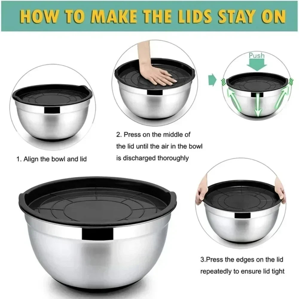 Stainless Steel Mixing Bowls with Lid & Non-Slip Silicone Base