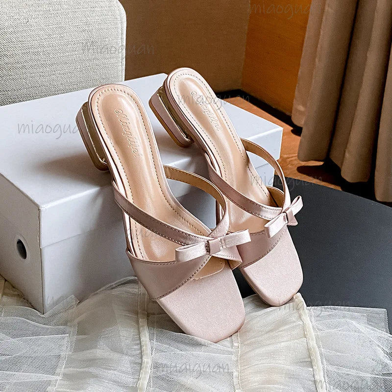 Women's Bow Low Heel Sandals – Summer Slip-On Party Shoes
