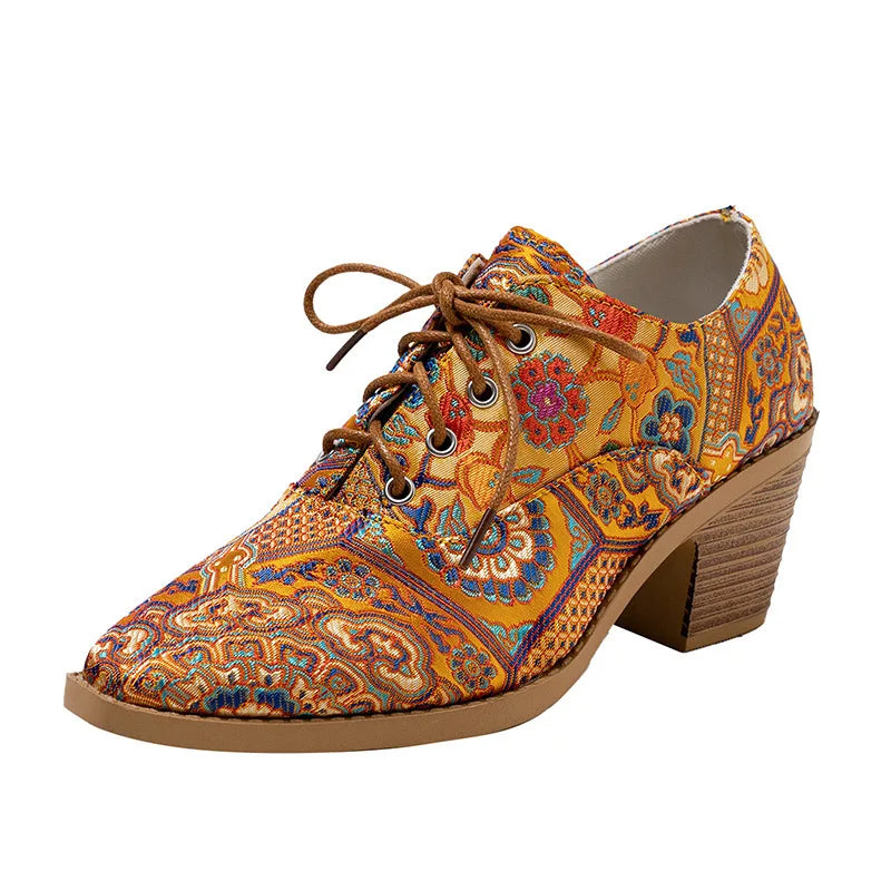 Printed Lace-Up High Heel Pumps – Women's Round Toe Shoes