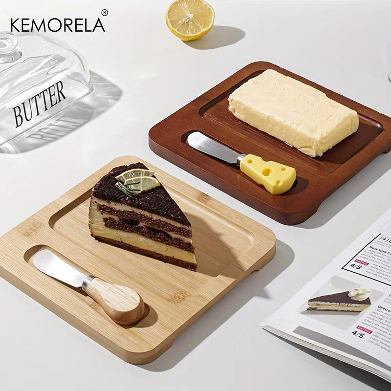 KEMORELA Wood Butter Dish with Glass Lid & Knife | Cheese Plate