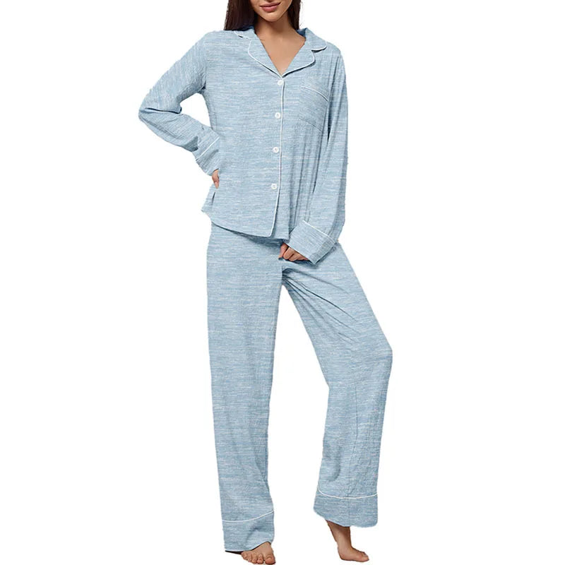 Women's Lapel Pajama Set – 2-Piece Long Sleeve Loungewear
