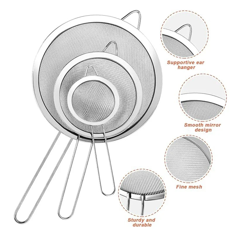3-Piece Stainless Steel Mesh Strainer Set | Small Medium Large