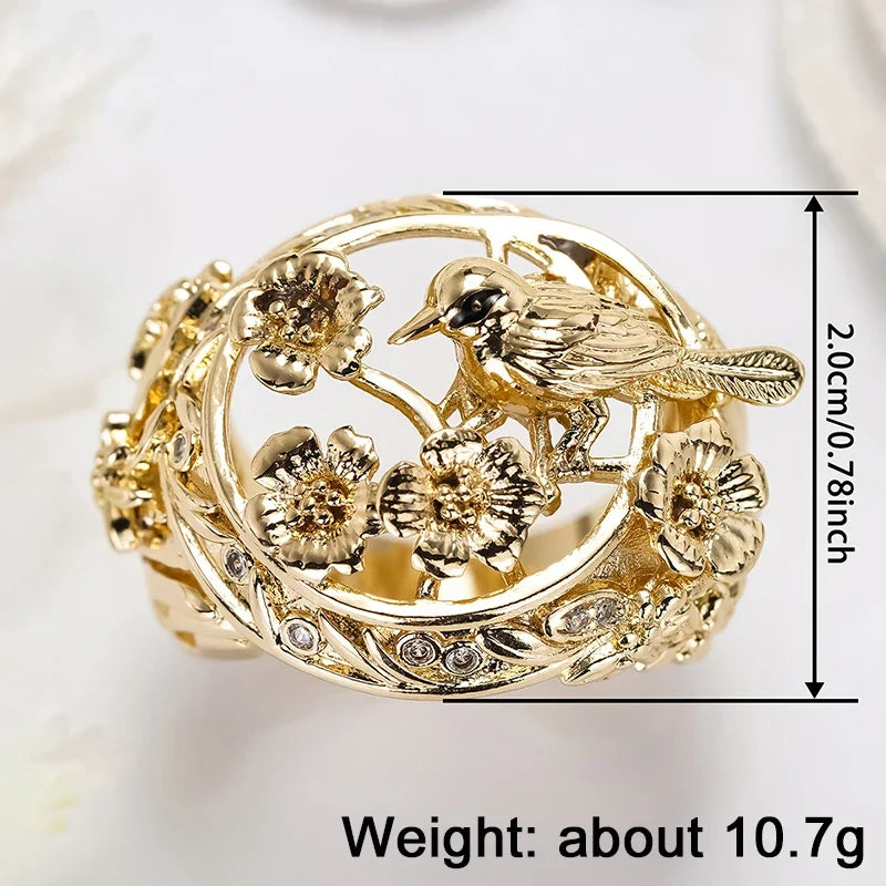 Huitan Gold Hollow Flower Bird Ring – Women's Fashion Jewelry