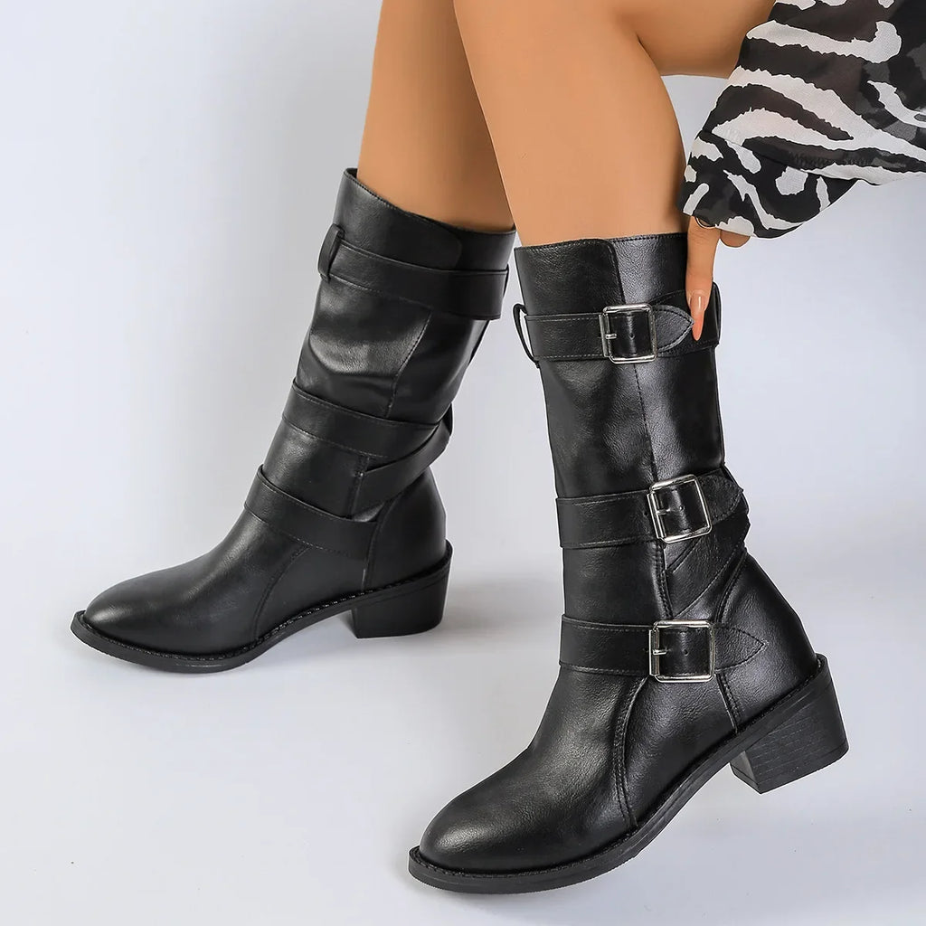 Women's Chunky Heel Mid-Calf Boots | Buckle Vintage Style