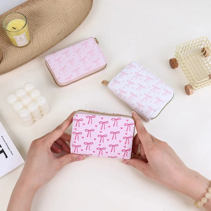 Korean Multi-slots Zipper Mini Coin Purse Pink Sweet Bowknot Card