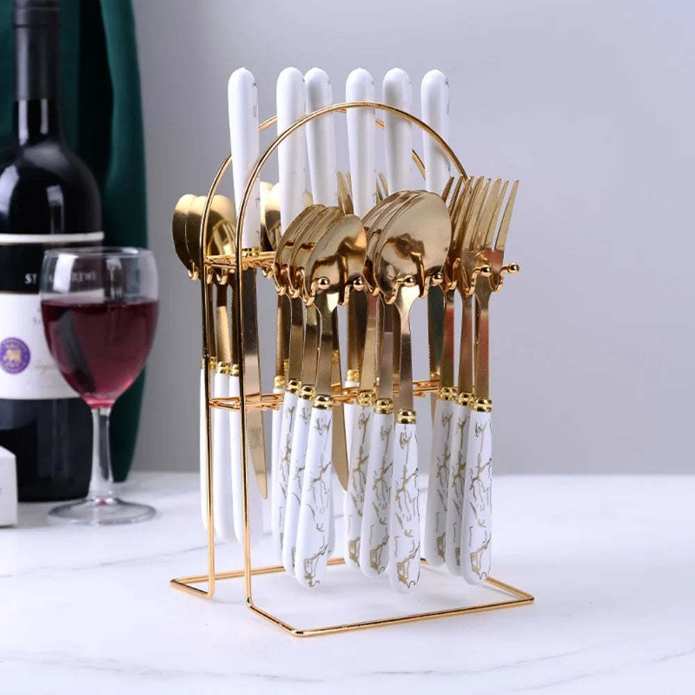 24-Piece Marbled Stainless Steel Cutlery Set with Storage Rack