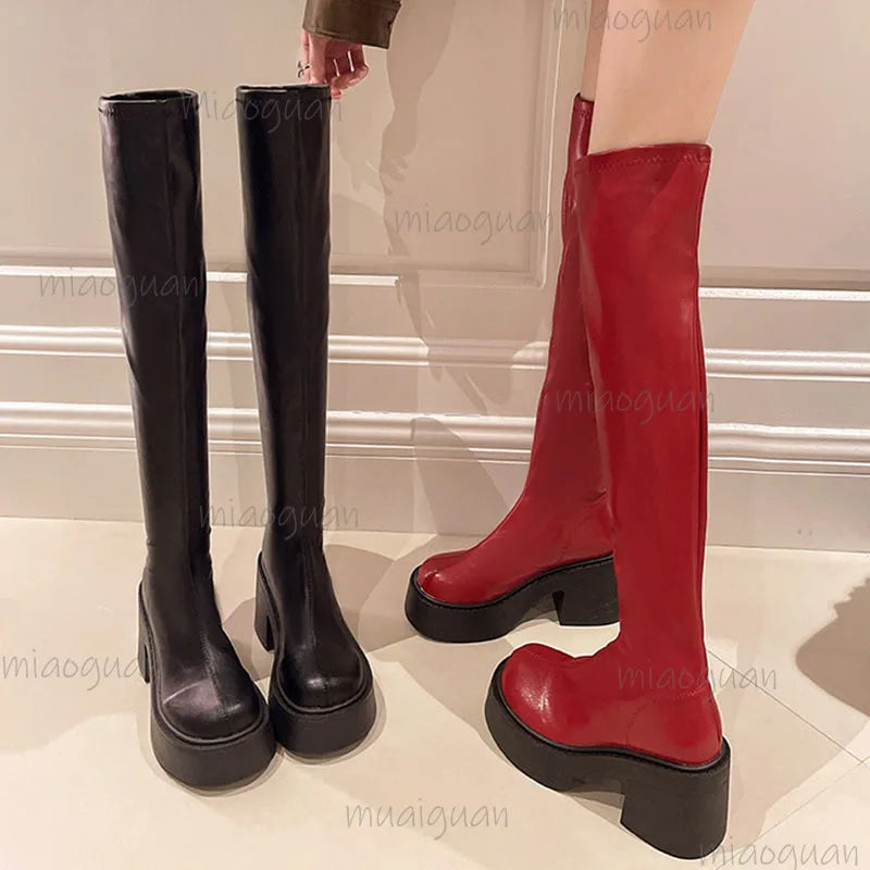 Women's Over-the-Knee Chunky Heel Boots – Slip-On Round Toe