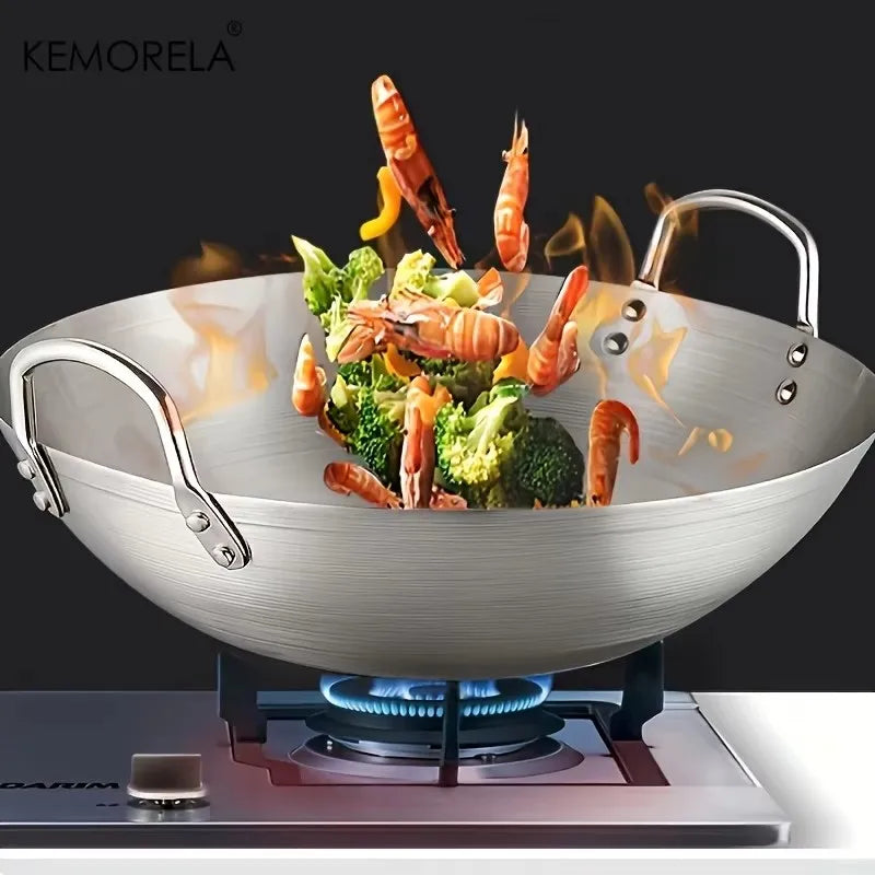 KEMORELA 30cm Stainless Steel Wok – Uncoated Dual Handle Pan