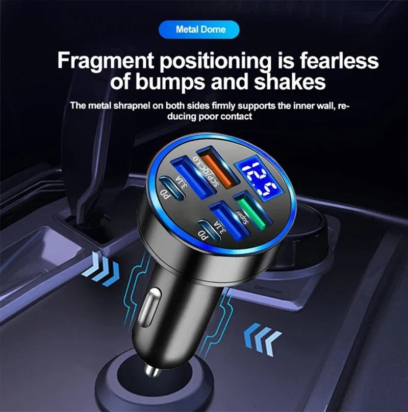 100W 6-Port USB-C Car Charger | PD & QC 3.0 Fast Charging