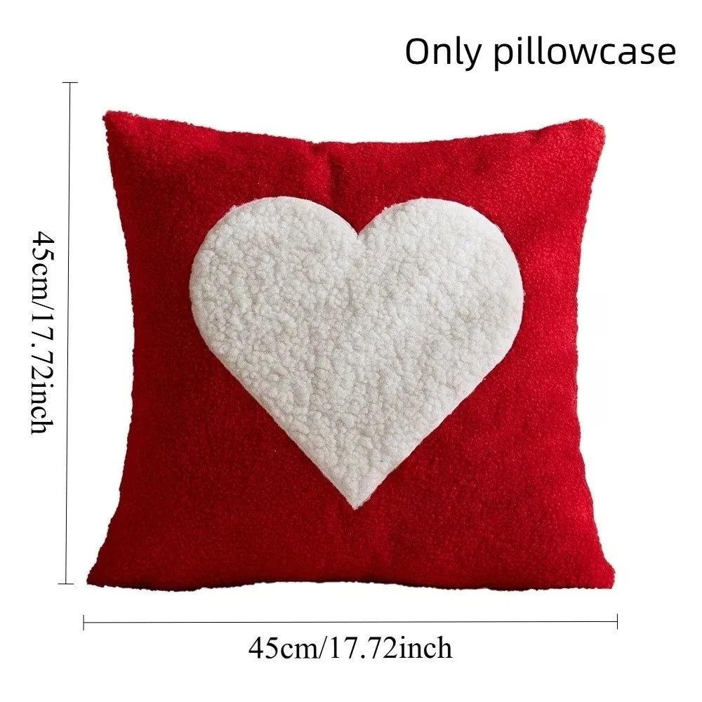 Heart Pattern Embroidered Throw Pillow Cover 45cm – Red & White