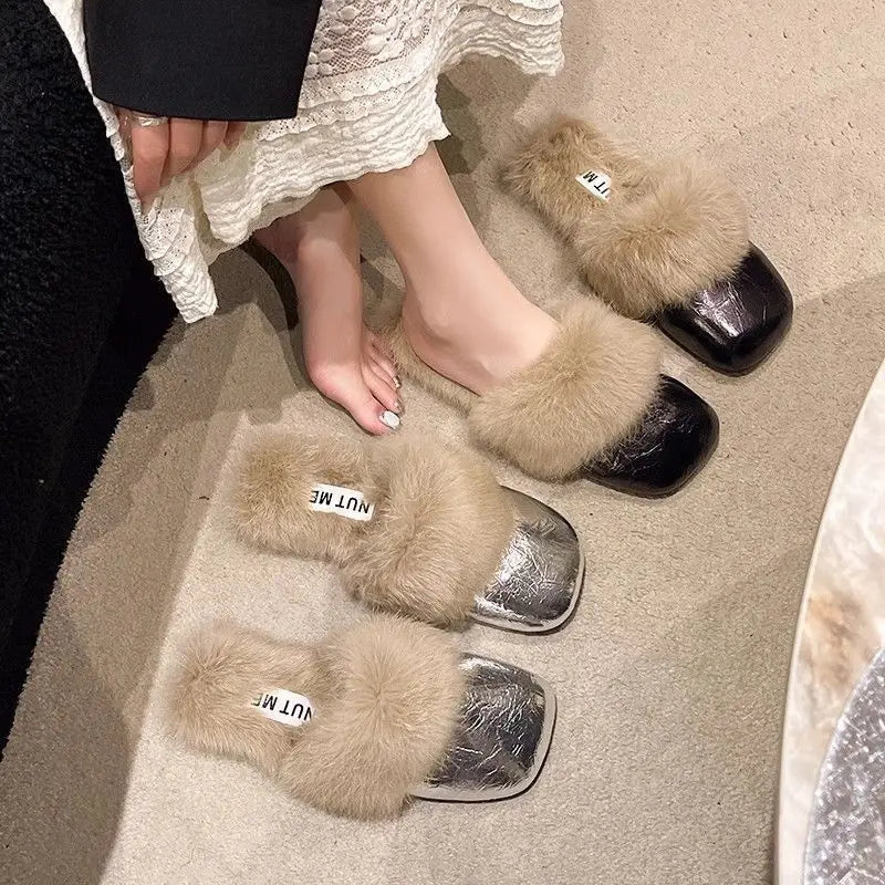 Women's Plush Flat Half Slippers – Warm Non-Slip Winter Shoes