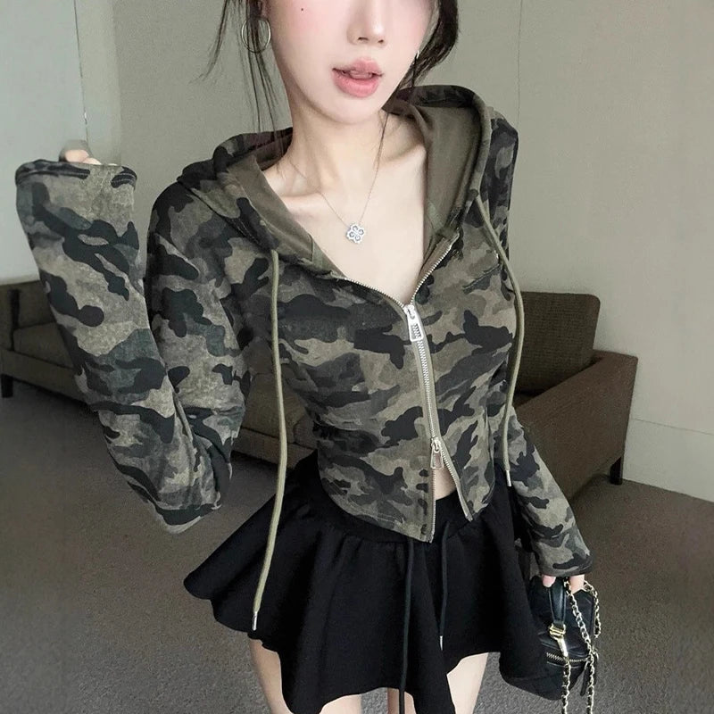 Women's Camo Hooded Crop Jacket – Zip Up Slim Fit Streetwear