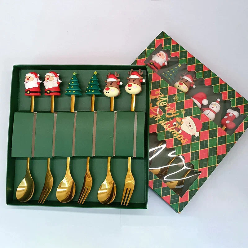 Stainless Steel Christmas Dessert Spoons Cake Forks Cartoon Tree Elk