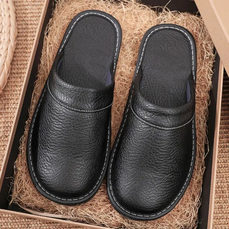 Lorilury Non-Slip Waterproof Indoor Leather Slippers Men Women