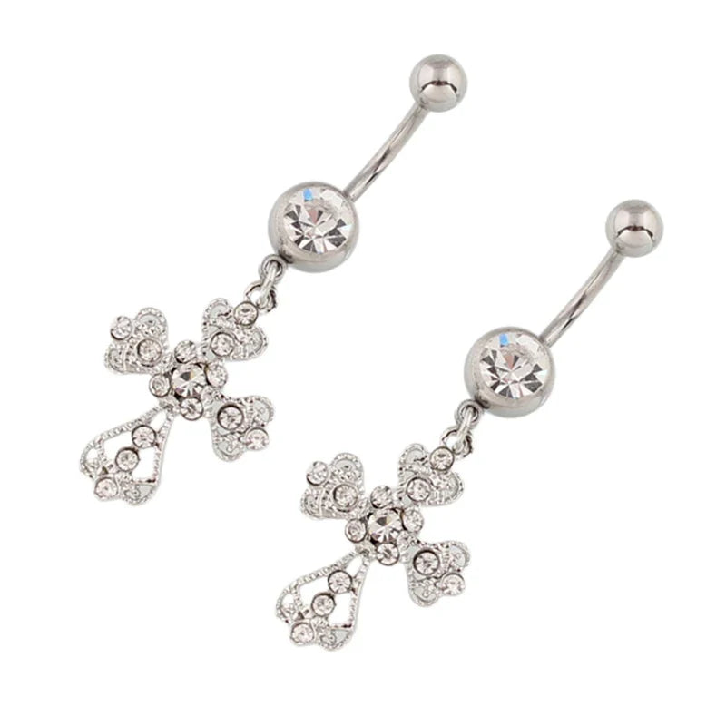 Crystal Rhinestone Cross Belly Button Ring – Stainless Steel