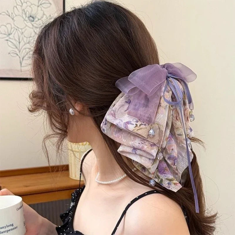 Floral Bow Bead Shark Clip – French Elegant Hair Claw