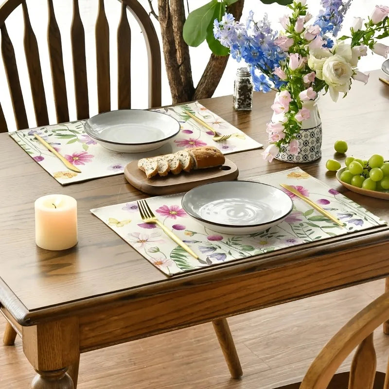 4-Pack Watercolor Wildflower Linen Placemats | Floral & Butterfly