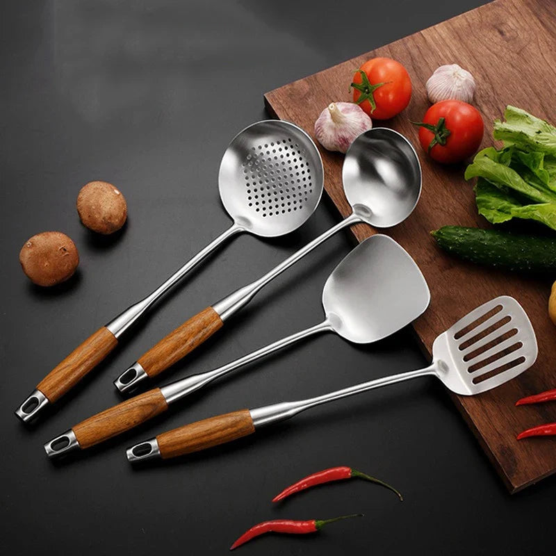 4-Piece Stainless Steel Cooking Utensil Set – Wooden Handle