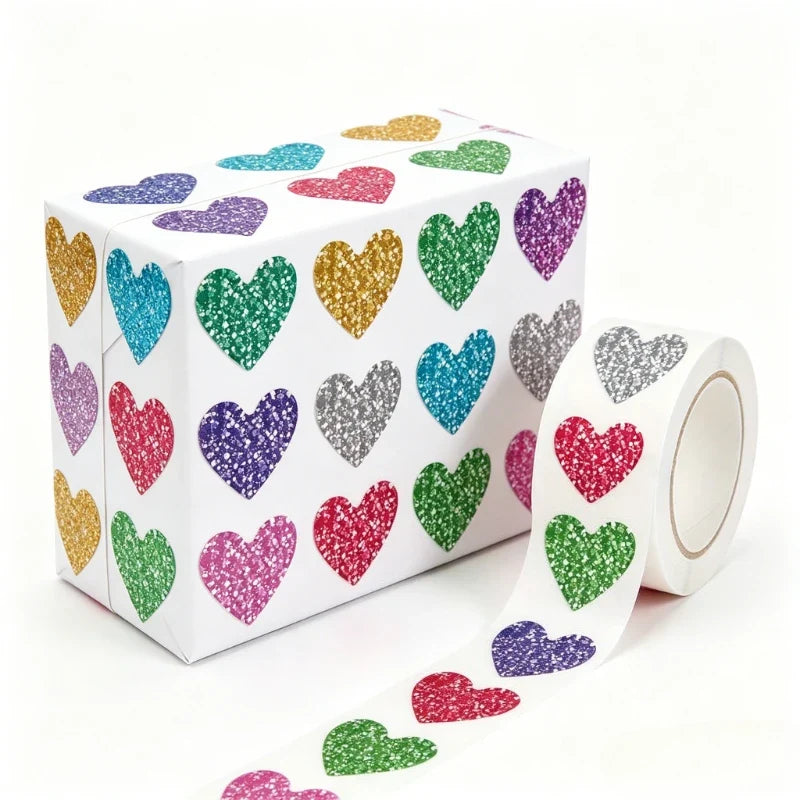 Glitter Heart Stickers Roll – 500 Sparkly Self-Adhesive Hearts